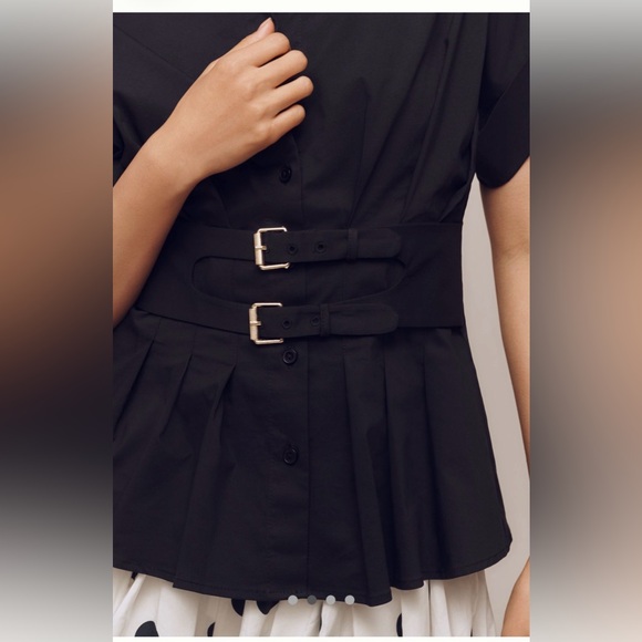 NWT Anthropologie Exquise The Tobie Double  Buckle Belted Black Women's Top Sz L - Picture 3 of 8
